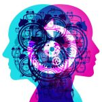 2 people’s side silhouettes overlaid with various sized semi-transparent classic clock graphics. Centre positioned is a transparent geared rewind graphic.